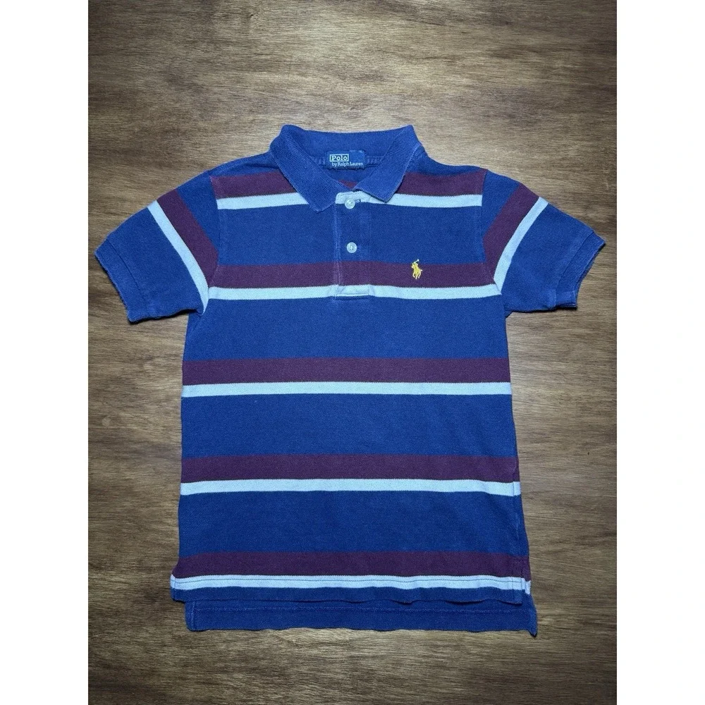 Polo by Ralph Lauren Boys Sz 5 Blue Maroon‎ Striped Short Sleeve Shirt